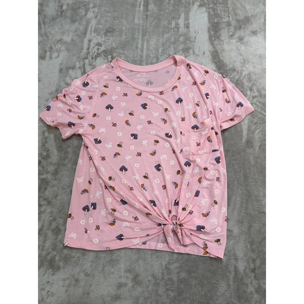 No Boundaries Top Womens Juniors‎ Size 7-9 Pink Front Knot Mushrooms EUC